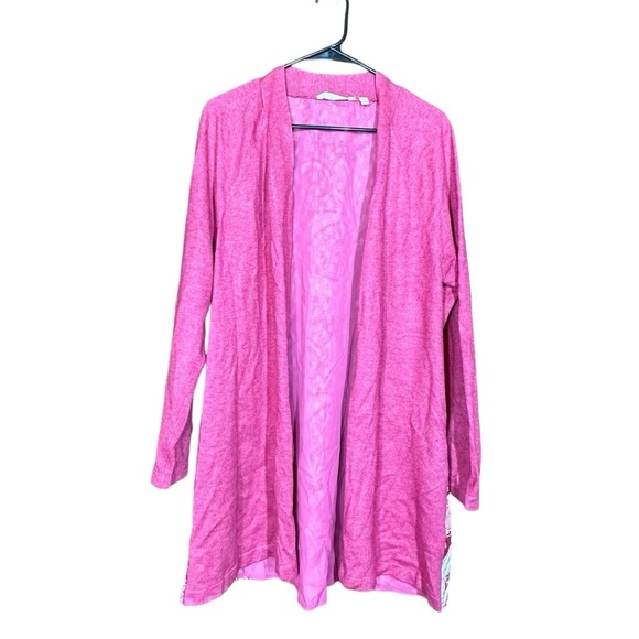 Soft Surroundings Knit Open Front Paisley Patterned Back Raspberry Pink Cardigan - Picture 2 of 7